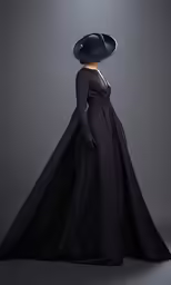 the back view of a woman wearing a black dress and hat