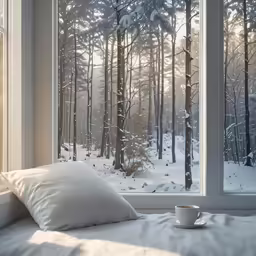 a bed with pillows on it in front of a large window