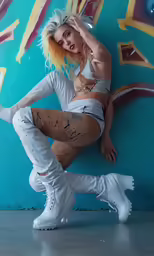 a woman posing with her legs up in the air
