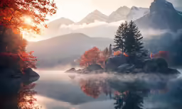 a body of water surrounded by trees with fog