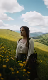 woman standing in flowery field gazing around