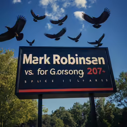 birds flying above a billboard for the republican party
