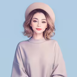 a young blonde woman wearing a hat on a blue background