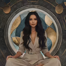 woman sitting in front of an ornate design and a circular design