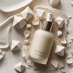 a bottle of white liquid sitting on top of a stone surface