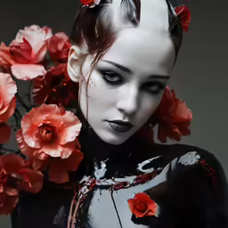 a woman with dark and red make up, wearing a black body suit