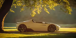 a sports car is parked on the street next to a tree