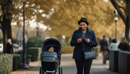 a woman uses a cell phone while walking with a baby carriage