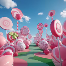 the pink, green and red landscape features balloons, trees and rocks