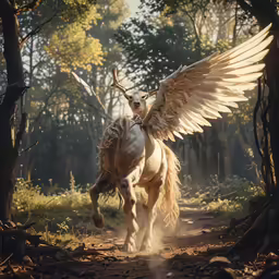an angel horse with its wings spread walking through the woods