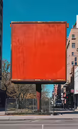 a large orange billboard on the side of a road