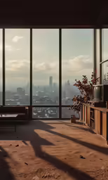 there is a room with lots of windows looking out onto the city