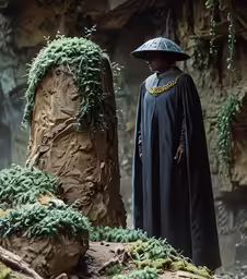 a man in a robe and hat stands near a tree