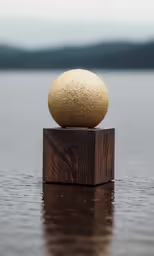 a stone on top of a block of wood near water