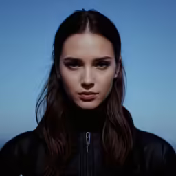 a beautiful young lady wearing a black jacket and looking at the camera