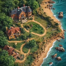 this is an aerial view of an estate by the ocean