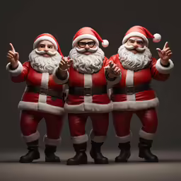 three santa clause statues giving the finger down sign