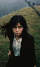 a young girl posing for the camera, outdoors