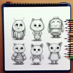 drawing a series of cartoon animals in various poses,a notepad with a drawing of a group of cartoon animals