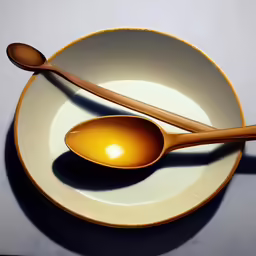 an empty bowl, spoon and lid on a plate