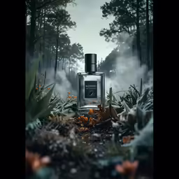 the bottle is surrounded by leaves and flowers