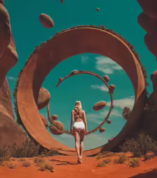 a painting of a girl in a bikini walking towards an artistic structure