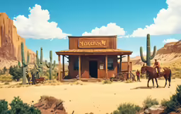 a drawing of a shop called rodeo, with people on horses