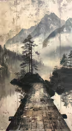 an art piece shows a misty scene of pine trees on a dock,a painting that shows a body of water surrounded by mountains