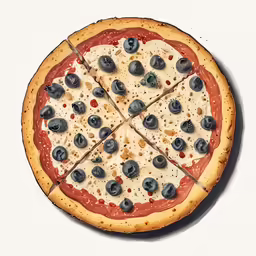 the pizza is covered with blue berries and has a piece taken out