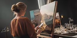 a woman is looking at a painting while holding a cell phone