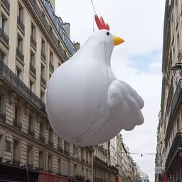 giant white chicken balloon being blown off the ground in a city,a giant chicken balloon is flying in a crowded street
