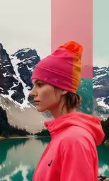 the girl wearing a pink sweatshirt and a beanie looks down at her face