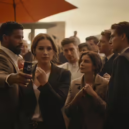 several people are gathered in a courtyard, some wearing jackets and one is taking a picture