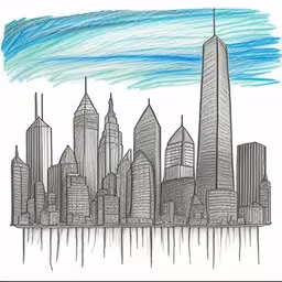 a city is drawing with colored pencils,a drawing of the skyline and water in chicago