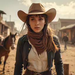 a woman in cowboy attire stands next to a horse