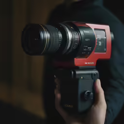 a person holding up a camera with an external flash attached to it