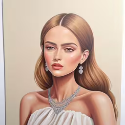 a painting of a young woman in a white dress with necklaces,a drawing of a woman wearing pearl necklaces,painting of young woman wearing necklaces and a dress,a painting of a woman in a strapd dress,painting of a beautiful woman wearing an elegant dress with diamond necklaces