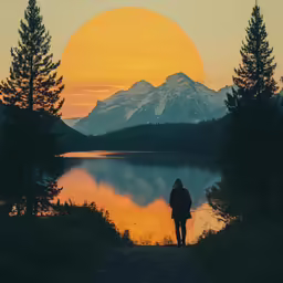 person standing alone near the water in the mountains with the sun setting