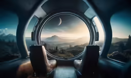 view of a surreal landscape through a window