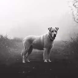 black and white photo of a dog standing in the fog