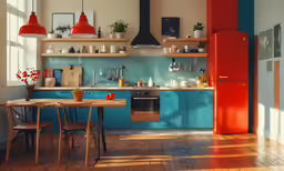 there is a table and some plants in the kitchen