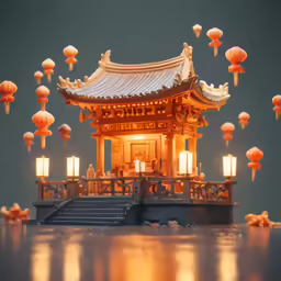 a miniature asian pavilion surrounded by lit up lanterns