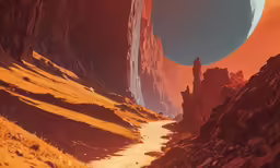 a bright landscape in a red hued scene