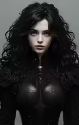 a woman with long hair and black clothes