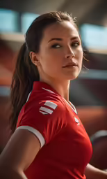 a pretty young girl with long brown hair in a soccer uniform