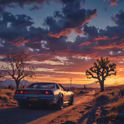 a car parked on a dirt road with trees