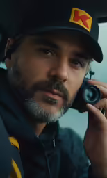 the man is wearing his hat and taking pictures of himself
