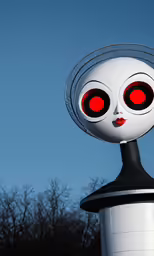 a large white robot face is atop a white chimney