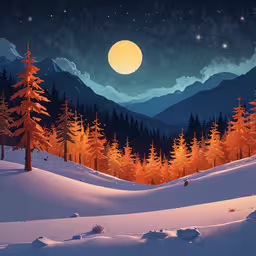 an image of a christmas tree forest at night,a full view of trees, snow and a sky filled with stars