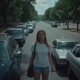 young woman standing on side of road in parking lot with parked cars